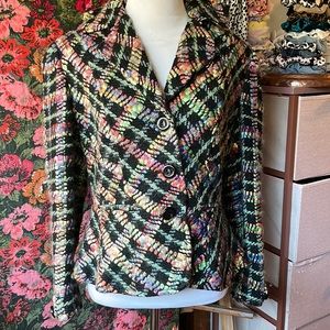Vintage Simon Chang Colorful Plaid Woven Blazer Size 4 Bold & Fun Piece!